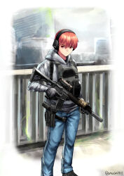  1boy absurdres alternate_costume angel_beats! assault_rifle black_gloves blue_pants bridge bulletproof_vest closed_mouth commentary_request commission denim elcan_scope foot_out_of_frame glock gloves grey_hoodie gun gun_sling hair_between_eyes handgun headphones headset highres holding holding_gun holding_weapon holster holstered hood hood_down hoodie jeans looking_at_viewer m4_carbine magazine_(weapon) male_focus military_combat_uniform military_uniform orange_hair otonashi_yuzuru outdoors pants red_eyes rifle scope short_hair skeb_commission solo split_mouth standing suppressor thigh_holster twitter_username utsucan v-shaped_eyebrows weapon 