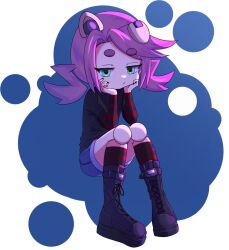  1girl :/ alternate_costume android animal_ears aqua_eyes asui_inui_(vtuber) black_boots black_nails black_shirt black_sleeves black_socks blue_background blue_shorts boots closed_mouth commentary denim denim_shorts dog_ears dog_girl elbow_rest elbows_on_knees emo_fashion expressionless fingernails full_body hands_on_own_cheeks hands_on_own_face highres indie_virtual_youtuber invisible_chair jitome joints knees_apart_feet_together lace-up_boots layered_sleeves long_sleeves looking_at_viewer medium_hair missing_tail nail_polish paprikothe pink_hair red_sleeves red_socks robot robot_girl robot_joints shirt short_over_long_sleeves short_sleeves short_twintails shorts sidelocks sitting socks solo spanish_commentary striped_clothes striped_sleeves striped_socks swept_bangs t-shirt thick_eyebrows twintails two-tone_sleeves two-tone_socks virtual_youtuber white_background 