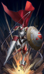  armor asymmetrical_dual_wielding beriko_(dotera_house) cape digimon digimon_(creature) dual_wielding dukemon full_body highres holding holding_polearm holding_shield holding_weapon knight lance polearm red_cape shield shoulder_armor solo weapon 