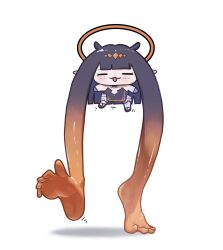  1girl :3 absurdres barefoot blunt_bangs blush chibi closed_eyes commentary english_commentary feet floomf foot_focus full_body halo highres hololive hololive_english long_hair ninomae_ina'nis orange_hair prehensile_hair purple_hair simple_background solo tentacle_hair virtual_youtuber what white_background 