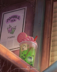  artist_name blondynkitezgraja bubble_tea cup disposable_cup drinking_straw english_text eyeball food food_focus highres ice_cream indoors no_humans original poster_(object) realistic sign signature silk spider_web still_life watermark web_address 