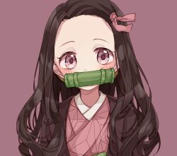  1girl absurdres bamboo bit_gag black_hair black_kimono blush commentary_request forehead gag hair_ribbon highres japanese_clothes kamado_nezuko kimetsu_no_yaiba kimono layered_kimono llatteowo long_hair looking_at_viewer open_clothes open_kimono parted_bangs pink_background pink_kimono pink_ribbon ribbon simple_background solo straight_hair tareme upper_body violet_eyes 