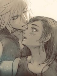  1boy 1girl bare_shoulders black_hair blush closed_eyes cloud_strife collarbone commentary_request couple earrings facing_another final_fantasy final_fantasy_vii final_fantasy_vii:_advent_children heads_together height_difference hetero jewelry long_hair looking_at_another parted_lips profile rakuct ribbed_shirt shirt short_hair sleeveless sleeveless_shirt smile spiky_hair teardrop_earrings tifa_lockhart upper_body zipper 