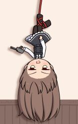  1girl adapted_turret against_wall arashio_(kancolle) arashio_kai_ni_(kancolle) black_dress black_pantyhose brown_eyes brown_hair chibi collared_shirt commentary_request dress dress_shirt hanging highres kantai_collection konato_k long_hair pantyhose pinafore_dress rope shirt sleeveless sleeveless_dress solo upside-down white_shirt 