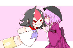  2girls ascot back_bow black_hair blue_ascot blush blush_stickers bow bowl bowl_hat character_doll commentary_request doll dress grin hand_puppet hat japanese_clothes kijin_seija kimono long_sleeves makihako_bunko mini_person multiple_girls puppet purple_bow purple_dress purple_hair purple_sash sash short_hair short_sleeves small_horns smile sukuna_shinmyoumaru sweatdrop touhou violet_eyes white_dress wide_sleeves 