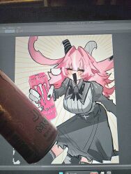  1girl :d absurdres black_bow black_bowtie blush bow bowtie breasts can clip_studio_paint closed_eyes collared_dress commentary demon_girl demon_horns dress drink_can emphasis_lines energy_drink english_commentary femme_soule grey_dress highres holding holding_can horns large_breasts long_hair microsoft_windows monster_energy open_mouth photo_(medium) pink_hair pukey_goddess_shot_trick pumpurumpum2 smile solo windows_11 