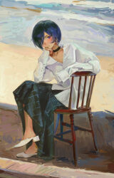  1girl absurdres alternate_costume black_choker blue_hair chair choker commentary crescent crescent_earrings crossed_legs earrings green_skirt hair_over_one_eye highres jewelry kuto_(kuroto) long_hair long_skirt looking_at_viewer on_chair promeia_(zenless_zone_zero) shirt shoes sitting skirt solo very_long_hair violet_eyes white_shirt white_shoes zenless_zone_zero 