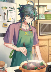  1boy absurdres ajaw_(genshin_impact) black_hair black_shirt blonde_hair commentary_request cooking food genshin_impact green_eyes green_hair green_headband green_overalls hair_between_eyes haya_pik headband highres kinich_(genshin_impact) male_focus microwave multicolored_hair overalls refrigerator shirt short_hair solo streaked_hair 