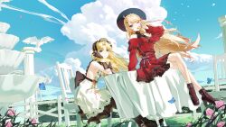  2girls absurdres azur_lane bare_shoulders bird black_bonnet black_boots black_gloves blonde_hair blue_butterfly blue_eyes bonnet boots bug butterfly chair chinese_commentary clouds cloudy_sky column commentary_request cookie cy day dress elbow_gloves flower food frilled_dress frills full_body gloves grass highres holding holding_cookie holding_food howe_(azur_lane) howe_(noble_rouge)_(azur_lane) lace-up_boots long_hair long_sleeves looking_at_viewer multiple_girls official_alternate_costume on_chair on_table one_eye_closed outdoors pillar pink_flower pink_rose red_dress rose sitting sky sleeveless sleeveless_dress strappy_heels table vanguard_(azur_lane) vanguard_(half-hearted_masquerade)_(azur_lane) very_long_hair white_bird white_dress 