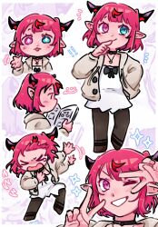  >_< 1girl :p ;) absurdres aqua_eyes brown_cardigan cardigan chibi chibi_only choker commentary dress english_commentary grin guyrys heterochromia highres hololive hololive_english horns irys_(casualrys)_(hololive) irys_(hololive) looking_at_viewer multicolored_hair official_alternate_costume one_eye_closed pink_eyes pink_hair pointy_ears red_hair short_hair single_hair_streak skikkkskuyyy smile sparkle tongue tongue_out two-tone_hair v v_over_eye virtual_youtuber white_dress 