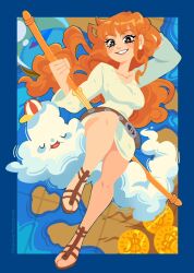  1girl arm_behind_head bare_legs belt blue_border blush blush_stickers border breasts clima-tact clouds coin collarbone commentary dress earrings english_commentary eyelashes full_body gold_coin hat highres holding holding_staff jewelry joanna_went_bananas large_breasts legs long_hair long_sleeves looking_at_viewer mini_hat nami_(one_piece) official_alternate_costume one_piece orange_hair outside_border parted_lips pearl_earrings sandals staff wavy_hair white_dress zeus_(one_piece) 
