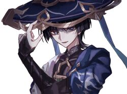  1boy anger_vein annoyed armor black_bodysuit black_bridal_gauntlets black_hair blue_cape blue_hat blue_jingasa blue_rope blunt_ends bodysuit bridal_gauntlets bright_pupils cape covered_collarbone eyeliner fingernails genshin_impact gold hand_up hat highres japanese_armor japanese_clothes jingasa kimono kote kurokote looking_at_viewer lower_teeth_only makeup male_focus mandarin_collar open_clothes open_kimono open_mouth portrait red_eyeliner rope scaramouche_(genshin_impact) shoulder_peek side_cape solo sp_z51 teeth tsurime violet_eyes wanderer_(genshin_impact) white_background white_kimono white_pupils white_sleeves wispy_bangs 