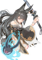  1girl absurdres animal_ear_fluff animal_ears bare_shoulders black_dress black_gloves black_hair commentary_request dress fingerless_gloves flower fox_ears fox_girl gloves hair_flower hair_ornament highres holding holding_sword holding_weapon hoshimi_miyabi hoshimi_miyabi_(dignified_blossom) japanese_clothes katana kei201107 long_hair looking_at_viewer official_alternate_costume parted_lips red_eyes sheath simple_background single_fingerless_glove single_glove sword tailless_(zenless_zone_zero) two-tone_dress unsheathing weapon white_background white_dress white_flower zenless_zone_zero 