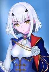  1girl absurdres aiguillette alternate_hair_length_(shorter) alternate_hairstyle artist_name aufthanos blue_cape blue_dress breasts cape commentary_request dress fate/grand_order fate_(series) flower forked_eyebrows highres long_sleeves looking_at_viewer melusine_(fate) melusine_(second_ascension)_(fate) rose short_hair sidelocks small_breasts solo white_flower white_hair white_rose yellow_eyes 