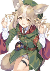  1girl :d amemochi_nina animal_ear_fluff animal_ears armband belt beret braid brown_belt brown_eyes brown_hair brown_shoes claw_pose collared_shirt commentary_request diagonal-striped_clothes diagonal-striped_necktie green_hat green_jacket green_socks grey_hair grey_skirt hands_up hat hood hood_down hooded_jacket jacket layered_sleeves long_hair long_sleeves looking_at_viewer miri_(ago550421) multicolored_hair nail_polish necktie o-ring o-ring_belt pink_nails plaid_clothes plaid_skirt pleated_skirt puffy_long_sleeves puffy_sleeves ribbed_socks safety_pin shirt shoes simple_background skirt smile socks solo striped_clothes striped_necktie two-tone_hair v-shaped_eyebrows varium virtual_youtuber white_background white_shirt 