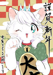  1girl animal_collar animal_hands bell blue_eyes body_fur cat_girl cocri coin collar commentary_request egasumi furry furry_female gold highres koban_(gold) looking_at_viewer neck_bell new_year one_eye_closed original paw_pose solo translation_request upper_body white_fur white_hair yellow_background 