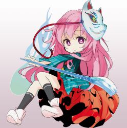  1girl black_socks boots buttons chibi chibi_only closed_mouth commentary_request fox_mask full_body hata_no_kokoro long_hair long_sleeves looking_at_viewer loxodon mask mask_on_head naginata open_mouth orange_skirt pink_eyes pink_hair plaid_clothes plaid_shirt polearm shirt skirt skirt_cutout socks solo touhou very_long_hair weapon white_boots 