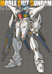  absurdres beam_rifle blue_eyes character_name commentary_request derivative_work earth_federation energy_gun english_commentary exposed_internal_machinery g-saviour_gundam glowing glowing_eyes grey_background grid_background gundam gundam_g-saviour highres ke_yukikaze mecha mecha_focus mobile_suit original redesign robot science_fiction v-fin weapon 