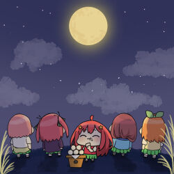  5girls :t akino_ell black_shoes blue_sweater brown_hair chibi closed_eyes closed_mouth clouds dango eating food food_on_face full_moon go-toubun_no_hanayome green_skirt grey_pantyhose hair_ornament holding holding_food jacket long_hair moon multiple_girls nakano_ichika nakano_itsuki nakano_miku nakano_nino nakano_yotsuba night orange_hair outdoors pantyhose pink_hair pleated_skirt purple_hair purple_jacket red_hair sanbou shirt shoes short_sleeves skirt sky socks standing star_(sky) star_(symbol) star_hair_ornament starry_sky sweater sweater_vest tsukimi_dango two_side_up very_long_hair wagashi wavy_mouth white_shirt white_socks 
