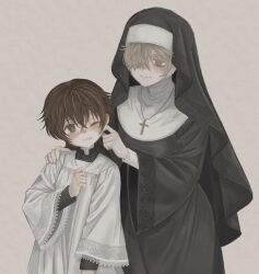  1boy 1girl absurdres adept_pelinal age_difference altar_server blonde_hair brown_hair cheek_pinching child christianity closed_mouth commentary cross cross_necklace english_commentary hair_between_eyes hair_over_one_eyes highres jewelry necklace nico_(adept_pelinal) nun nun_headdress onee-shota original pinching smile 