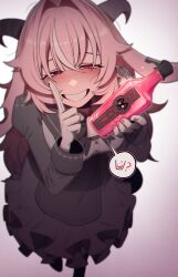  1girl absurdres alcohol animal_ears asymmetrical_horns backward-facing_horns bell bell_bow black_bow black_bowtie black_eyes bottle bow bowtie breasts cross femme_soule fingernail_gloves goat_ears goat_horns heterochromia highres holding holding_bottle horns incoming_gift inverted_cross long_hair long_sleeves looking_at_viewer misg1111 mismatched_horns narrowed_eyes neck_bell pink_eyes pink_hair pukey_goddess_shot_trick shirt smile solo 