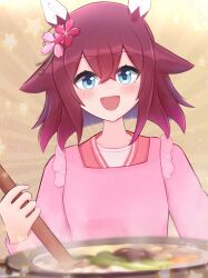  1girl absurdres apron blue_eyes blush bowl breasts casual commentary_request cooking flower food hair_flaps hair_flower hair_ornament highres horse_girl horse_tail looking_at_viewer medium_breasts medium_hair napo_(user_vktv7727) open_mouth pink_hair portrait sakura_chiyono_o_(umamusume) simple_background tail umamusume 
