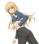  1girl a1 ass blonde_hair crop_top initial-g long_hair looking_at_viewer glasses open_mouth panties panties_under_pantyhose pantyhose perrine-h_clostermann strike_witches white_background 