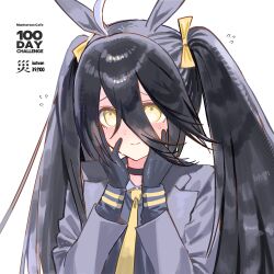  1girl absurdres ahoge alternate_hairstyle animal_ears black_choker black_hair black_shirt blush bow choker city_(nnnnnnn_100) closed_mouth commentary_request flying_sweatdrops hair_between_eyes hair_bow hands_on_own_cheeks hands_on_own_face highres horse_ears horse_girl long_bangs long_hair long_hair_between_eyes long_sleeves looking_at_viewer manhattan_cafe_(umamusume) multicolored_hair shirt simple_background solo sweat twintails umamusume upper_body very_long_hair white_hair yellow_bow yellow_eyes 
