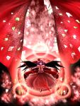  bad_id daizu daizu_(daizubatake) hat highres outstretched_arms polearm purple_hair red_eyes remilia_scarlet short_hair solo spear spear_the_gungnir spell_card spread_arms touhou weapon wings 
