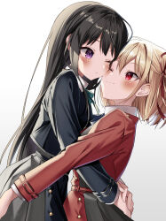  2girls belt black_hair blonde_hair blue_belt blue_dress blue_ribbon blush bob_cut cheek-to-cheek commentary_request dress grey_dress hair_ribbon heads_together highres ia_1928 inoue_takina long_hair lycoris_recoil lycoris_uniform multiple_girls nishikigi_chisato one_eye_closed pleated_dress red_belt red_dress red_eyes red_ribbon ribbon smile two-tone_dress violet_eyes yuri 