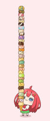  1girl :3 absurdres ahoge akino_ell black_shoes blue_eyes blush_stickers chibi collared_shirt commentary_request food go-toubun_no_hanayome green_skirt hair_ornament highres holding holding_food ice_cream long_hair multiple_scoops nakano_itsuki pink_background pleated_skirt red_hair shadow shirt shoes short_sleeves simple_background skirt socks solo star_(symbol) star_hair_ornament sweater_vest too_many too_many_scoops very_long_hair white_shirt white_socks 