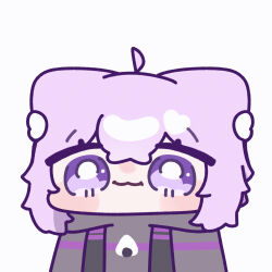  1girl :3 ahoge animal_ear_fluff animal_ears black_hoodie blush_stickers cat_ears cat_girl cat_tail chibi chibi_only closed_mouth commentary_request crossed_bangs double-parted_bangs drawstring hair_between_eyes highres hololive hood hood_down hoodie nekomata_okayu purple_hair short_hair simple_background smile solo tail upper_body white_background yananang 