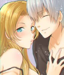  1boy 1girl ^_^ alternate_costume bare_shoulders black_shirt bleach blonde_hair blue_eyes blush breasts casual closed_eyes collarbone commentary eyelashes facing_another forehead grey_background grey_hair hair_between_eyes hand_on_another's_chest hand_up hetero ichimaru_gin large_breasts lips long_hair looking_at_viewer matsumoto_rangiku nose outstretched_hand parted_bangs parted_lips portrait puckered_lips puya shirt short_hair sidelocks simple_background smile strap_slip upper_body 