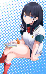  1girl aqua_shirt black_hair black_skirt blue_background blue_eyes blush bow bowtie character_print closed_mouth collared_shirt commentary_request crossed_legs dress_shirt eyelashes feet_out_of_frame gridman_universe hair_behind_ear hair_between_eyes highres holding holding_phone invisible_chair jjaga236 kneehighs long_hair looking_at_viewer miniskirt no_shoes orange_scrunchie phone pleated_skirt polka_dot polka_dot_background red_bow red_bowtie red_socks school_uniform scrunchie shinjou_akane shirt short_sleeves simple_background sitting skirt smile socks solo split_mouth ssss.gridman straight_hair sweater_vest takarada_rikka thighs tsurime two-tone_background white_background white_sweater_vest wrist_scrunchie 