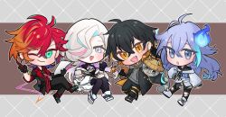  4boys :d :o ;) ahoge antenna_hair ascot bird black_gloves black_hair black_jacket black_pants blonde_hair blue_hair chibi chibi_only crossed_legs ear_piercing earrings fang food frilled_ascot frills gloves green_eyes grey_hoodie hair_ornament hair_over_one_eye hairclip hat hitodama hizaki_gamma hizaki_gamma_(1st_costume) holding holding_food holding_paper holding_pen holostars hood hoodie invisible_chair jacket jewelry jyako_(utsugi_uyu) kitoodles kotatsu_(yatogami_fuma) long_hair male_focus minase_rio minase_rio_(1st_costume) multicolored_hair multiple_boys necktie nib_pen_(object) one_eye_closed open_mouth orange_hair pants paper pen piercing pink_hair purple_hair raccoon red_hair red_shirt sandogasa shirt short_hair sitting slit_pupils smile striped_clothes striped_shirt top_hat torn_clothes torn_pants uproar_(holostars) utsugi_uyu utsugi_uyu_(1st_costume) vertical-striped_clothes vertical-striped_shirt virtual_youtuber white_ascot white_eyes white_hair x_hair_ornament yatogami_fuma yatogami_fuma_(1st_costume) yellow_eyes 