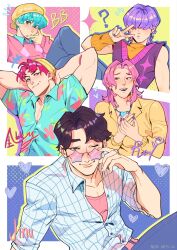  5boys ? abby_(kpop_demon_hunters) aqua_eyes aqua_hair arm_warmers arms_behind_head baby_(kpop_demon_hunters) backwards_hat beanie black_hair brown_eyes character_name commentary english_commentary hair_over_eyes hands_on_own_chest hat hawaiian_shirt heart heart_necklace highres jewelry jinu_(kpop_demon_hunters) kpop_demon_hunters male_focus medium_hair multiple_boys mystery_(kpop_demon_hunters) necklace nero_arts one_eye_closed pink_hair pink_sweater plaid_clothes plaid_shirt purple_hair red_hair romance_(kpop_demon_hunters) shirt signature star-shaped_eyewear star_(symbol) sunglasses sweater toned toned_male v yellow_hat 