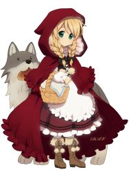  1girl 2000s_(style) accurate_lolita_coord animal apron artist_name basket big_bad_wolf bilingual_commentary black_bow blonde_hair boots bow braid bread brown_boots cape child classic_lolita commentary dav-19 dress english_commentary expressionless faux_retro_artstyle food frilled_dress frills full_body fur-trimmed_boots fur_trim green_eyes hair_bow holding holding_basket hood hood_up hooded_cape little_red_riding_hood_(fairy_tale) little_red_riding_hood_(fairy_tale_character) lolita_fashion long_hair looking_at_viewer low_twin_braids mixed-language_commentary original pom_pom_(clothes) red_cape red_dress russian_commentary solo standing tachi-e transparent_background twin_braids white_apron wolf 