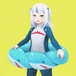  1girl blue_eyes blue_hair bodysuit commentary_request cowboy_shot diving_suit gawr_gura hololive hololive_english innertube multicolored_bodysuit multicolored_hair open_mouth plusma sharp_teeth smile solo streaked_hair swim_ring teeth two-tone_bodysuit two_side_up virtual_youtuber wetsuit white_hair yellow_background 