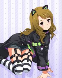 1girl all_fours animal_ears arm_belt black_coat blue_shorts brown_eyes brown_hair card_commentary cat_ears closed_mouth coat commentary_request game_asset idolmaster idolmaster_million_live! idolmaster_million_live!_theater_days long_hair long_sleeves looking_ahead miyao_miya o-ring o-ring_thigh_strap official_alternate_costume official_art shorts solo street_cats_(idolmaster) striped_clothes striped_thighhighs thigh-highs thigh_strap third-party_source 