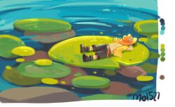  1boy belt black_hair boots commentary hat lily_pad lying male_focus mo15271 on_back one_piece orange_belt orange_hat outdoors portgas_d._ace shirt short_hair sleeping solo yellow_shirt 