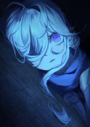  absurdres aoba_kira blue_hair blue_scarf brick_wall darkness harumachi_kanata highres japanese_clothes long_hair looking_at_viewer magical_girl mahou_shoujo_no_inshuu_mura open_mouth scarf violet_eyes 