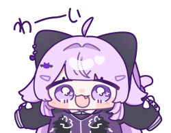 1girl :3 :d ahoge animal_ears blunt_bangs blush_stickers bright_pupils cat_ears cat_girl cat_tail chibi chibi_only commentary_request fang hair_intakes highres hololive jacket long_hair long_sleeves looking_at_viewer nekomata_okayu open_mouth purple_hair purple_jacket simple_background sleeves_past_fingers sleeves_past_wrists smile solo tail upper_body violet_eyes virtual_youtuber white_background white_pupils yananang 