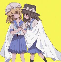  2girls absurdres alternate_costume aqua_neckerchief black_hat black_socks blonde_hair blue_sailor_collar blue_skirt bow breast_pocket brown_eyes brown_hair closed_mouth commentary_request hat hat_bow highres holding long_hair makihako_bunko maribel_hearn mob_cap multiple_girls neckerchief object_request open_mouth parody pocket sailor_collar sailor_shirt school_uniform shinsei_kamattechan shirt short_sleeves single_sidelock skirt socks touhou usami_renko white_bow white_hat white_shirt yellow_background yellow_eyes 