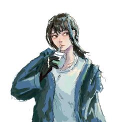  1girl absurdres black_eyes black_gloves black_hair blue_jacket chainsaw_man commentary drink_carton drinking drinking_straw english_commentary gloves highres holding holding_drink_carton holding_milk_carton jacket long_hair milk_carton miniminstil mitaka_asa shirt simple_background solo white_background white_shirt 