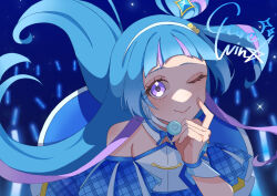  1girl aokaze_nana bare_shoulders blue_hair blue_theme blush character_name closed_mouth collarbone commentary_request cure_wink detached_collar dress hand_up headphones highres idol idol_clothes idol_heart_brooch_(precure) idol_heart_incom kimi_to_idol_precure long_hair looking_at_viewer multicolored_hair one_eye_closed plaid_clothes plaid_ribbon plaid_sleeves precure purple_hair ribbon short_sleeves smile solo strapless strapless_dress user_wepk2444 very_long_hair violet_eyes 
