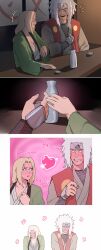  1boy 1girl alcohol blonde_hair blush commission embarrassed facial_mark forehead_mark green_haori grey_kimono haori highres japanese_clothes jiraiya_(naruto) kimono long_hair looking_at_another mature_female mature_male naruto_(series) reaching shirt suika_suigetsu tsunade_(naruto) white_shirt 