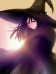  black_eyes black_hair cape fur goggles goggles_removed hat highres lens_flare long_hair original smile solo sun sunlight teti witch witch_hat 