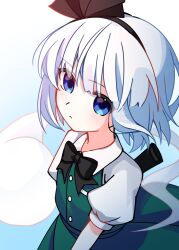  1girl black_bow black_bowtie black_hairband blue_background blue_eyes bow bowtie closed_mouth collared_shirt commentary_request gradient_background green_skirt green_vest grey_hair hairband highres hitodama illust_atelier3 konpaku_youmu konpaku_youmu_(ghost) medium_hair one-hour_drawing_challenge puffy_short_sleeves puffy_sleeves sheath shirt short_sleeves skirt skirt_set solo touhou vest white_shirt 