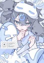  1boy absurdres anger_vein animal_ears bags_under_eyes black_cat black_eyes black_fur black_hair blue_jacket cat commentary_request eye_mask fake_animal_ears finger_in_own_mouth highres holding holding_knife jacket knife male_focus mask mole mole_under_eye nasa14bear original parted_lips short_hair solo 
