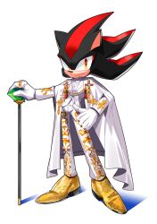  1boy bad_id bad_twitter_id black_fur cane chadwick_boseman chadwick_boseman_(cosplay) closed_mouth coat collared_shirt commentary cosplay english_commentary frown full_body furry furry_male gloves gold_shoes hand_on_cane hedgehog_boy highres inactive_account jacket jewelry long_sleeves looking_at_viewer male_focus met_gala pants real_life red_eyes red_fur ring shadow_the_hedgehog shirt shoes simple_background sol_(tteum93) solo sonic_(series) standing two-tone_fur vest white_background white_coat white_gloves white_jacket white_pants white_shirt white_vest wing_collar 
